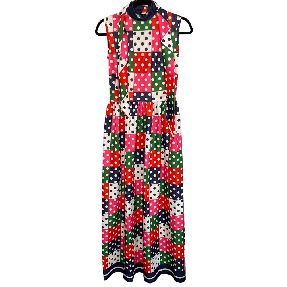 VTG Handmade Sleeveless Maxi Dress Polka Dot Patchwork Pattern High Neck SMALL